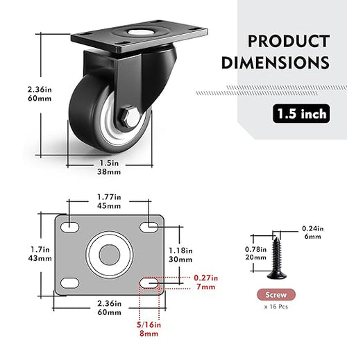 1.5 Inch Caster Wheels for Furniture, Small Casters Set of 4, Load 400lbs - Image 2