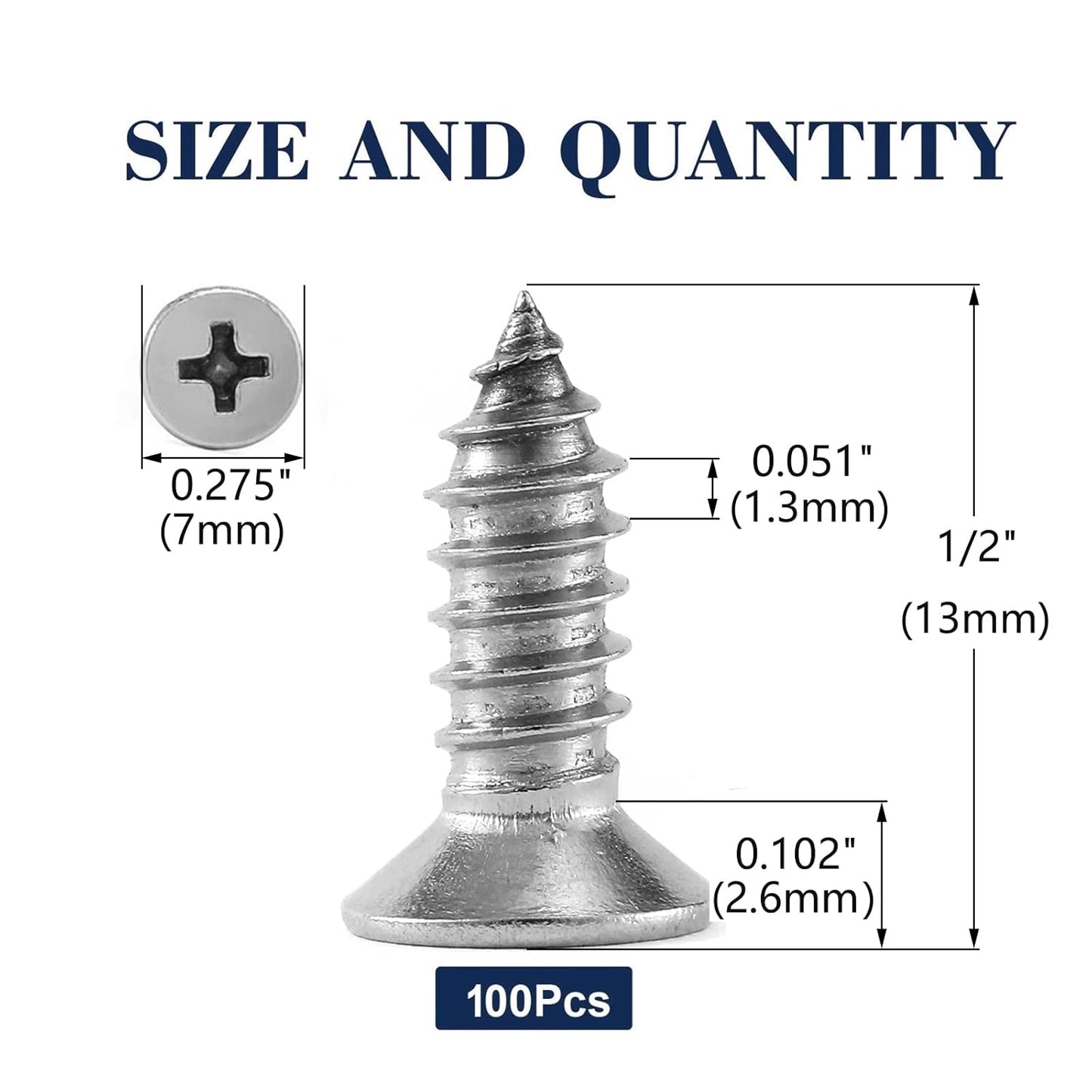 #6 x 1/2" Wood Screw 100Pcs 18-8 (304) Stainless Steel Screws Flat Head Phillips Fast Self Tapping Drywall Screws by SG TZH