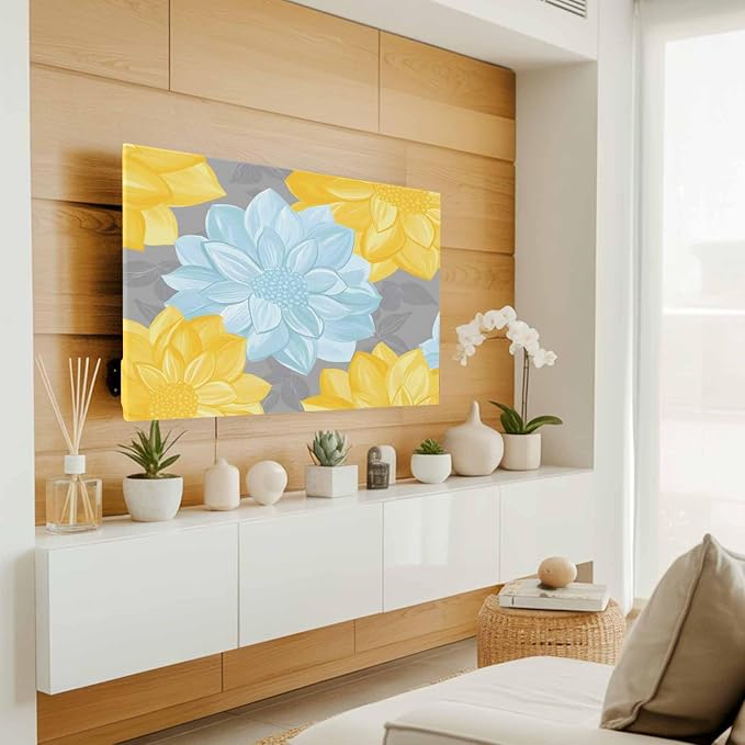 Blue Yellow Floral Abstract Style Indoor TV Cover, Elastic TV Screen Protector - Image 2