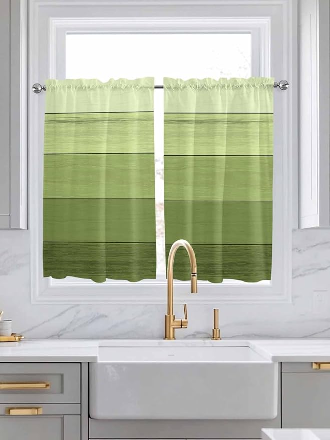 Gradient Green Wooden Board Window Valance Curtains, Retro Country Wood Grain - Image 3