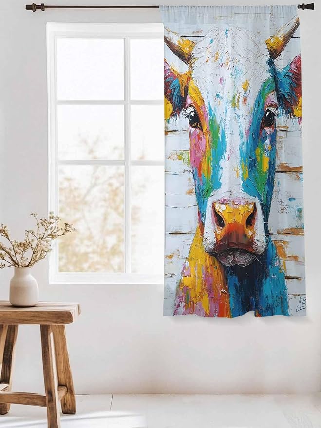 Sheer Curtains 72 Inches Long, Funny Colorful Cow Semi Sheer Curtains Light - Image 3
