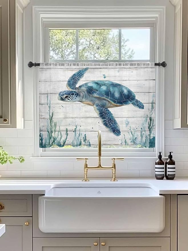 Sheer Curtains 54 Inch Length, Teal Green Ocean Turtle Semi Sheer Curtains - Image 3