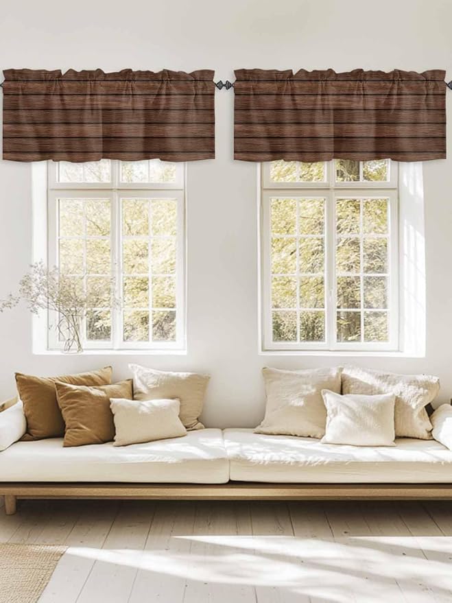 2 Pack Kitchen Valance for Windows, Farm Brown Wood Board Light Filtering Rod - Image 2