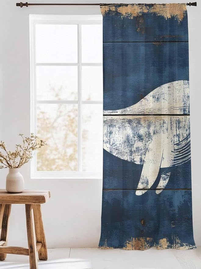Sheer Curtains 108 Inches Long, Ocean Whale Blue Semi Sheer Curtains Light - Image 3