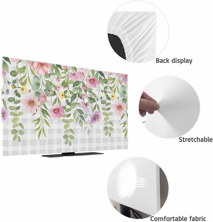 Country Spring Flowers Indoor TV Cover, Elastic TV Screen Protector Gray White - Image 7