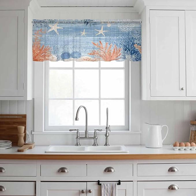 Ocean Corals Sheer Valance Curtains, Summer Beach Coral Sea Stars Blue Stripes - Image 2