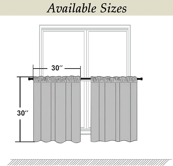 Simplebrand Ava Grey Short 30 Inches Blackout Curtain 2 Panels Set, Half Window Rod Pocket Privacy Curtain Tiers for Kitchen, Curtains Blackout for Bathroom Shades, W30 x L30 Inch, Grey
