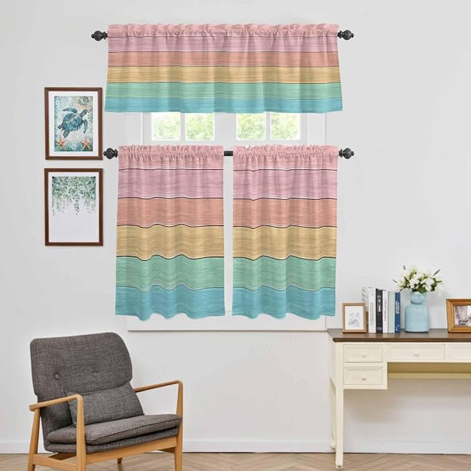 Kitchen Window Curtains Valance and Tier Set, Farm Colorful Wooden Plank Rod - Image 5
