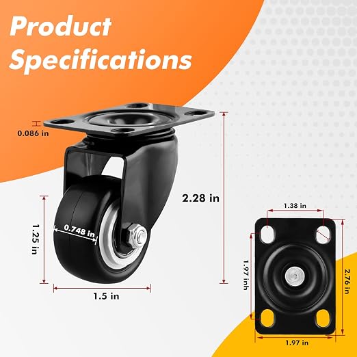 1.5" Casters Set of 8 Heavy-Duty Industrial Caster Wheels Without Brake PU - Image 3