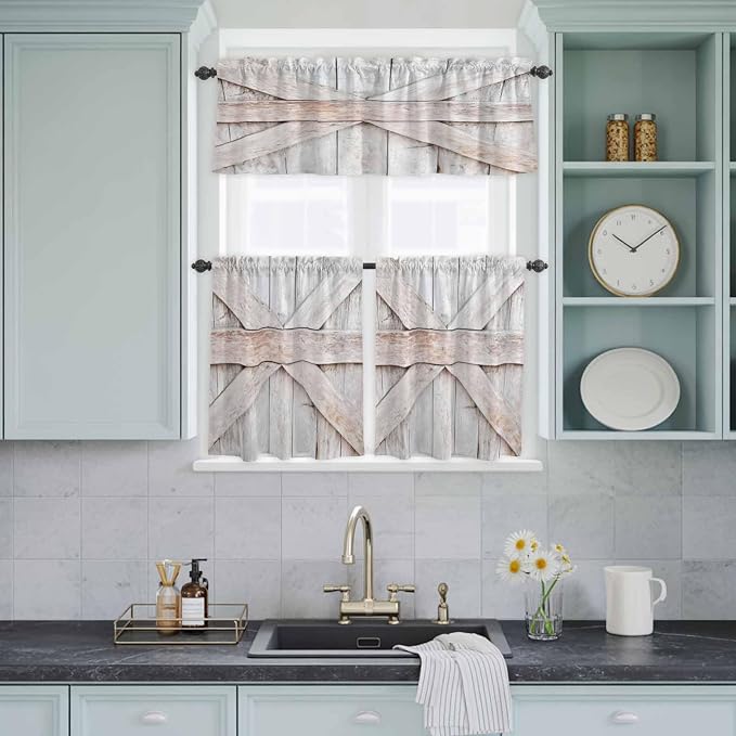 Kitchen Window Curtains Valance and Tier Set, Farmhouse Retro Wooden Barn Rod - Image 8