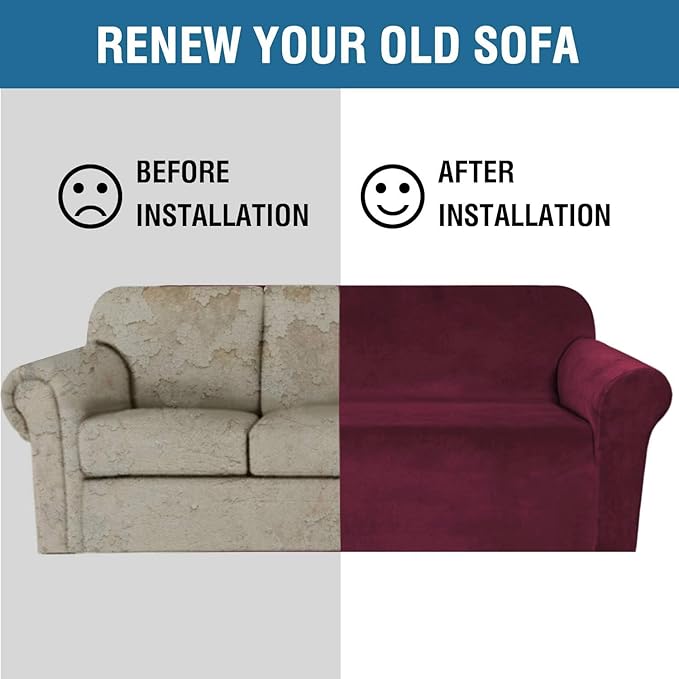 H.VERSAILTEX Stretch Velvet Loveseat Covers for 2 Cushion Couch Covers for Living Room Sofa Covers Slipcovers with Non Slip Straps Bottom, Ultra Thick Comfy Velour (Width 58"-72", Burgundy)