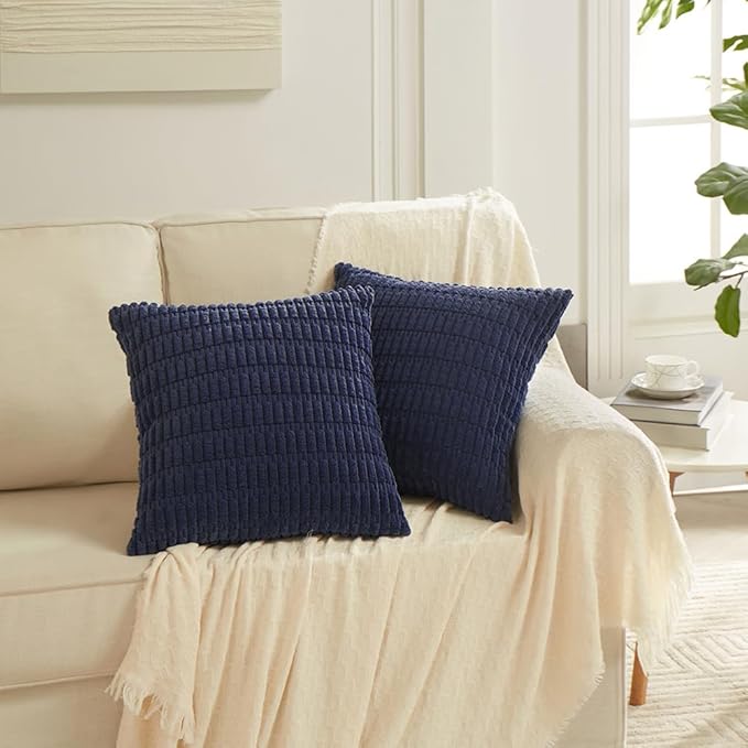 Fancy Homi 4 Packs Navy Blue Decorative Throw Pillow Covers 24x24 Inch for Living Room Couch Bed Sofa, Rustic Modern Farmhouse Boho Home Decor, Soft Plush Corduroy Cute Square Cushion Case 60x60 cm
