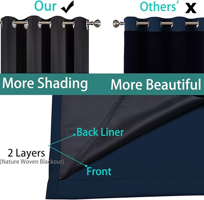 Yakamok 84 Inch Length 100% Blackout Window Curtain Panels, Full Light Blocking Drapes with Black Liner Thermal Insulated Drapes for Bedroom (42Wx84L,Navy Blue, 2 Panels)