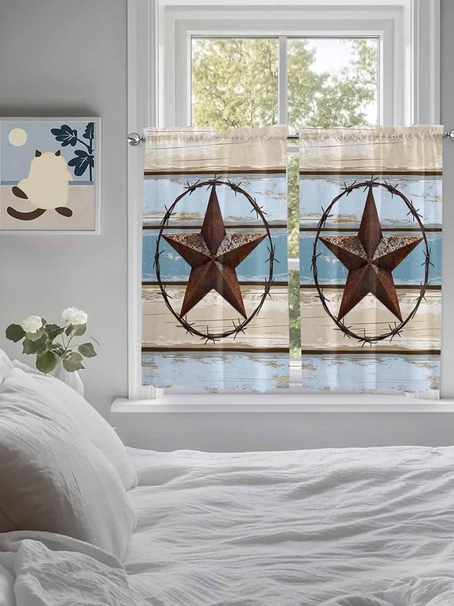 Vintage Western Star on Wood Grain Window Valance Curtains, Retro Wooden - Image 5