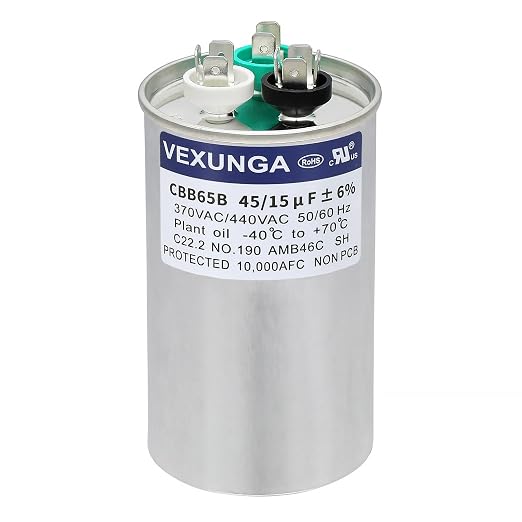VEXUNGA 45/15 uF 45+15 MFD 370VAC or 440VAC Dual Run Start Round A/C Capacitor by VEXUNGA