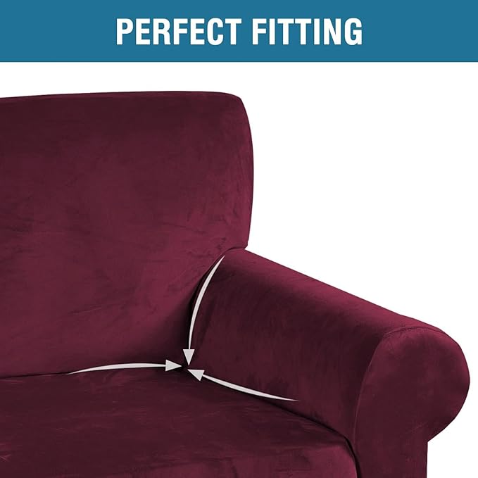 H.VERSAILTEX Stretch Velvet Sofa Covers for 3 Cushion Couch Covers Sofa Slipcovers Furniture Protector Soft with Non Slip Elastic Bottom, Crafted from Thick Comfy Rich Velour (Sofa 72"-90", Burgundy)