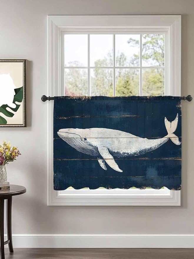 Sheer Curtains 45 Inch Length, Ocean Whale Blue Semi Sheer Curtains Light - Image 2