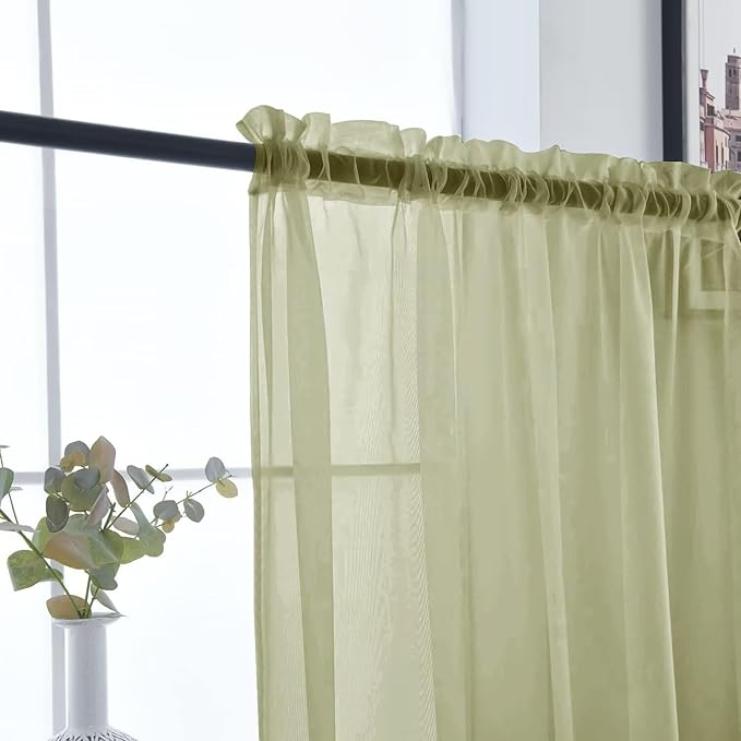SpaceDresser Basic Rod Pocket Sheer Voile Window Curtain Panels Sage Green 1 Pair 2 Panels 26 Width 40 Inch Long for Kitchen Bedroom Children Living Room Yard（Sage Green，26Wx 40L）