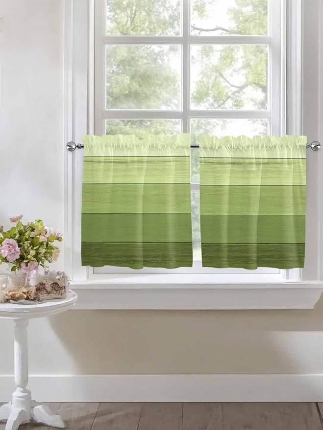 Gradient Green Wooden Board Window Valance Curtains, Retro Country Wood Grain - Image 5