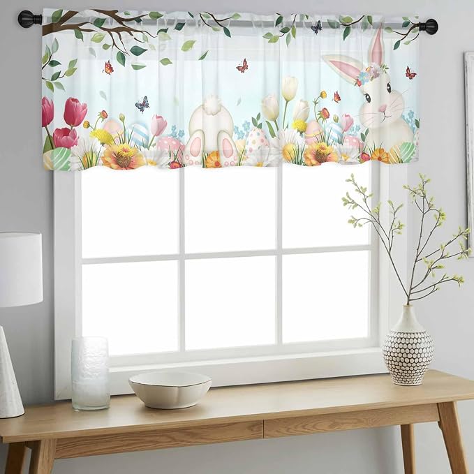 Easter Sheer Valances for Windows 42"x12", Light Filtering Kitchen Curtains - Image 2