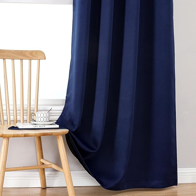 ChrisDowa 100% Blackout Curtains for Bedroom with Black Liner, 2 Thick Layers Total Blackout Thermal Insulated Grommet Long Window Curtains 2 Panels Set (Navy Blue, 52 x 95 Inch)