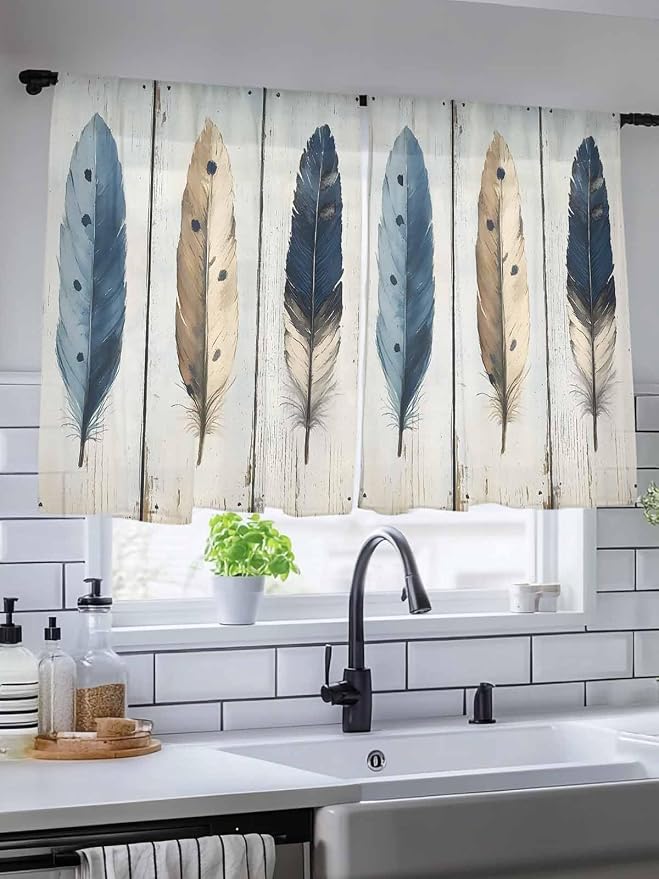 Sheer Curtains 45 Inch Length, Farmhouse Feather Semi Sheer Curtains Light - Image 5