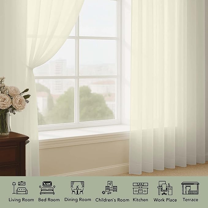 OWENIE Sheer Cream Curtains, Sheer Curtains 63 inch Length 2 Panels Set, Rod Pocket Voile Fimly Sheer Drapes for Living Room Bedroom, 2pcs, Cream, Each 59" W x 63" L