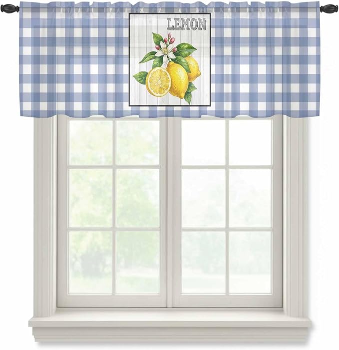 Lemon Sheer Valance Curtains, Summer Fruit Floral Wood Grain Blue Plaid Light by Houseown
