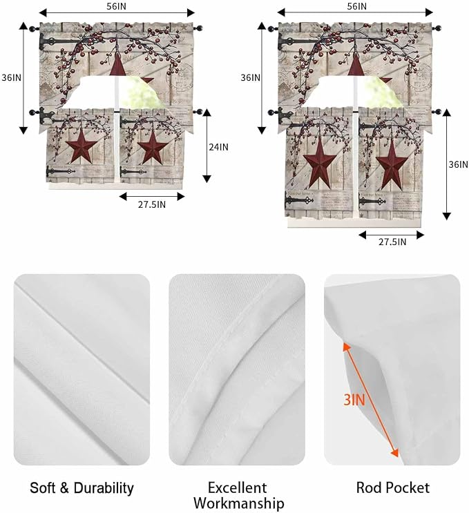 Village Stars Swag Kitchen Curtains Valance and Tier Set, Vintage Dark Red Star - Image 6