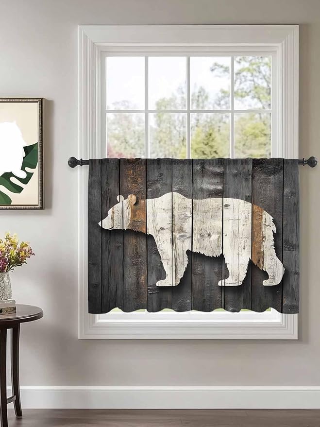Sheer Curtains 45 Inch Length, Vintage White Brown Bear Semi Sheer Curtains - Image 2