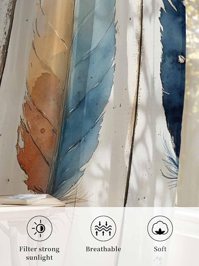 Sheer Curtains 72 Inches Long, Boho Ombre Vintage Wooden Grain Privacy Voile - Image 6