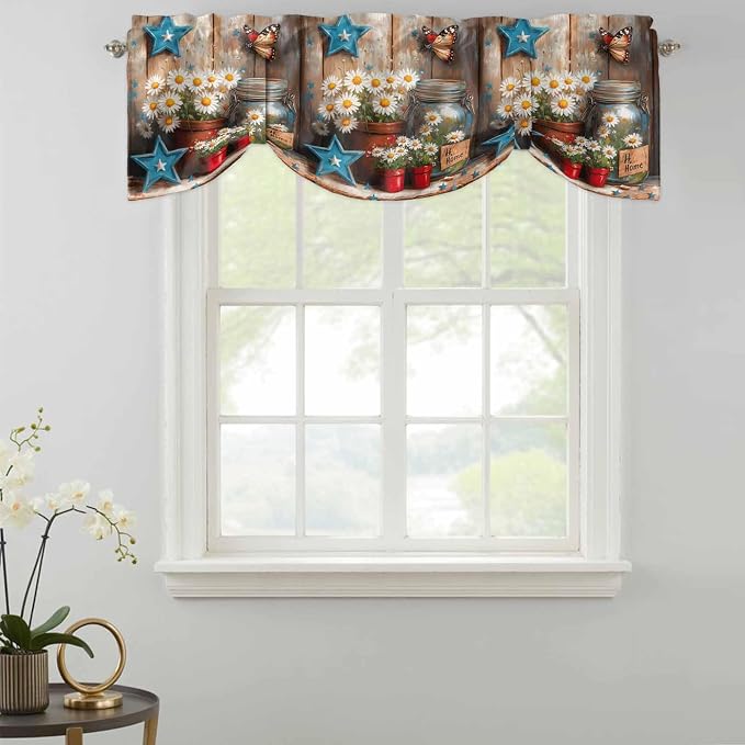 Country Flower Tie Up Valance for Window, Western Texas Star Butterfly Barn - Image 2