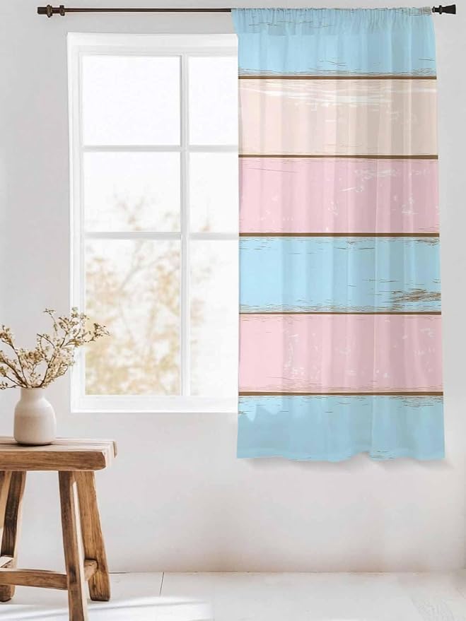 Sheer Curtains 63 Inch Length, Farmhouse Country Shabby Striped Privacy Voile - Image 3