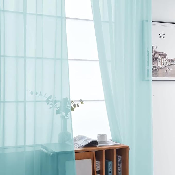 SpaceDresser Basic Rod Pocket Sheer Voile Window Curtain Panels Sky Blue 1 Pair 2 Panels 52 Width 96 Inch Long for Kitchen Bedroom Children Living Room Yard（Sky Blue, 52W x 96L）