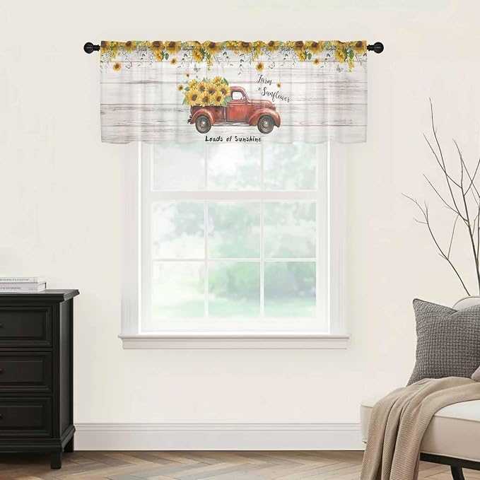 Farmhouses Sunflowers Sheer Valance Curtains, Retro Floral Leaves Red Truck - Image 5