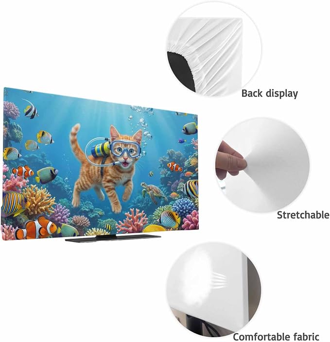 Ocean Diving Cat Coral Fish Indoor TV Cover, Elastic TV Screen Protector Funny - Image 7