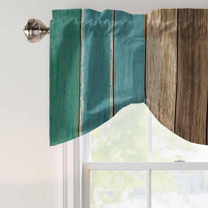 Teal Blue Brown Tie Up Valance Curtains - Image 4