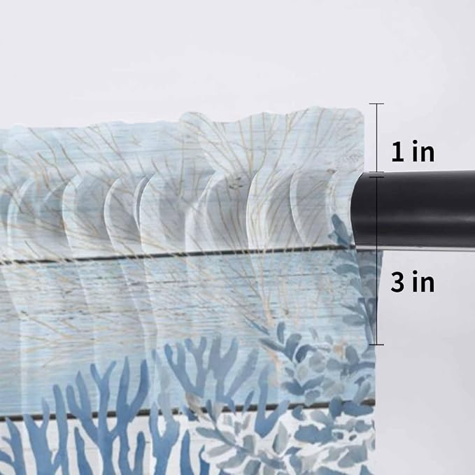 Ocean Corals Sheer Valance Curtains, Summer Beach Coral Sea Stars Blue Wood - Image 7