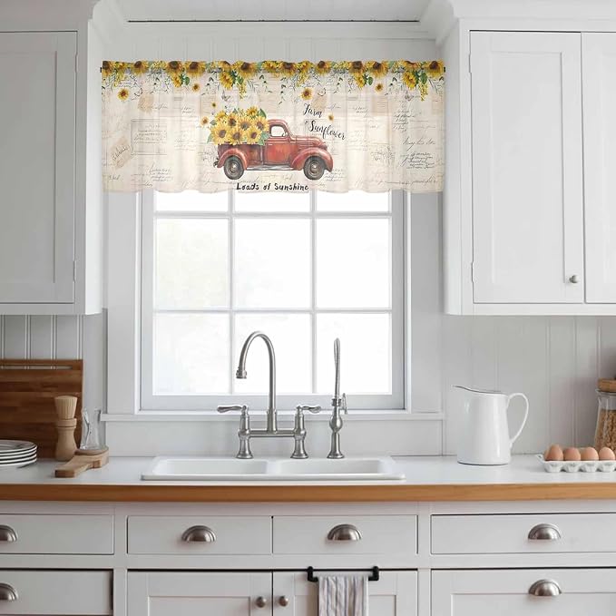 Farmhouses Sunflowers Sheer Valance Curtains, Retro Floral Leaves Red Truck - Image 2