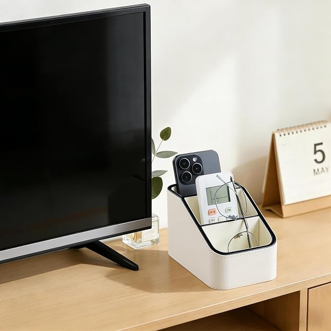 PU Leather Remote Control Holder, Small Desk Organizer Office Supply Bedside - Image 2