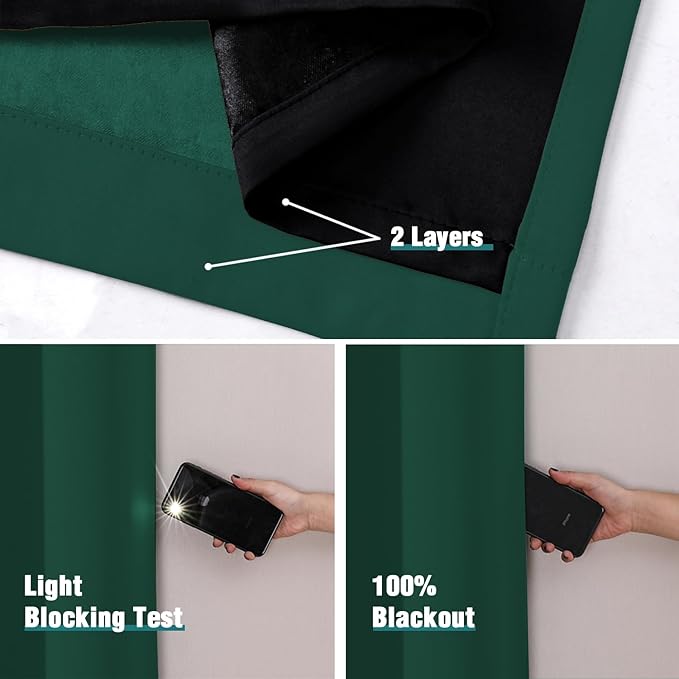 ChrisDowa 100% Blackout Curtains for Bedroom with Black Liner, 2 Thick Layers Total Blackout Thermal Insulated Grommet Long Window Curtains 2 Panels Set (Forest Green, 52 x 95 Inch)