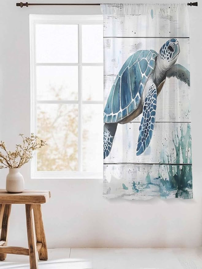 Sheer Curtains 72 Inches Long, Teal Green Sea Turtle Semi Sheer Curtains Light - Image 3