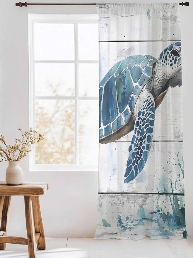 Sheer Curtains 84 Inches Long, Teal Green Sea Turtle Semi Sheer Curtains Light - Image 3