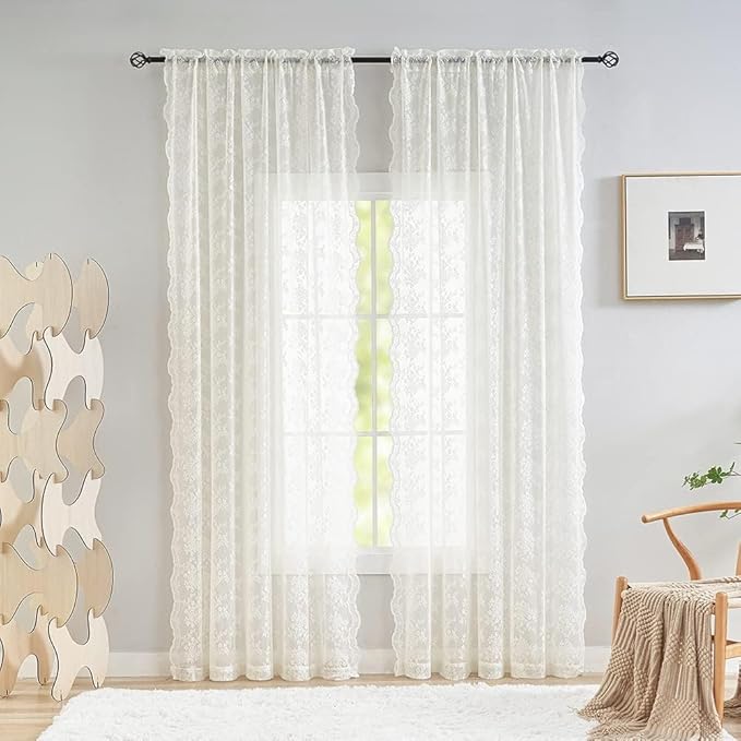 YJ YANJUN Vintage Lace Curtains Elegant Flower Off White 132 inch Curtains 1 Pair Extra Long Cream Colored High Ceiling Drapes for Large Windows Patio Sliding Door 11 Foot 52" W x 132" L Ivory