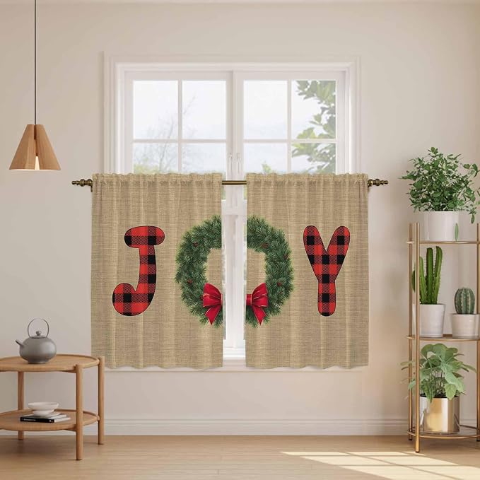 Red Green Christmas Kitchen Curtains 54 Inch Long 2 Panel Set, Rod Pocket - Image 3