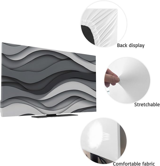 Black Grey White Abstract Waves Indoor TV Cover, Elastic TV Screen Protector - Image 7