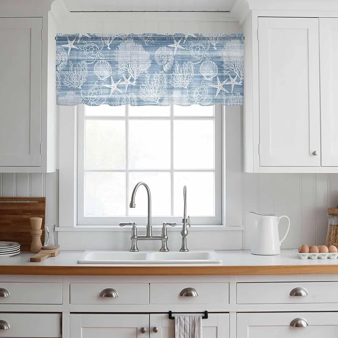 Haze Blue Retro Summer Sheer Valance Curtains, Sea Turtle Starfish Coral Ocean - Image 2