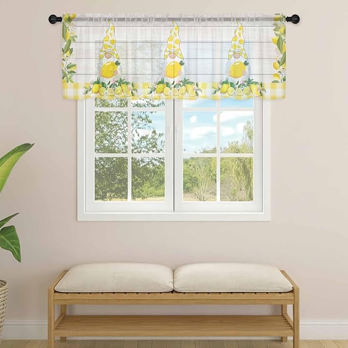 Lemon Dwarfs Sheer Valance Curtains, Gnome Green Leaf Wood Striped Yellow Plaid - Image 4