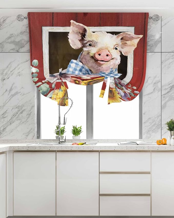 Tie Up Curtains for Windows, Pig Sunflowers Adjustable Balloon Nature Linen - Image 4