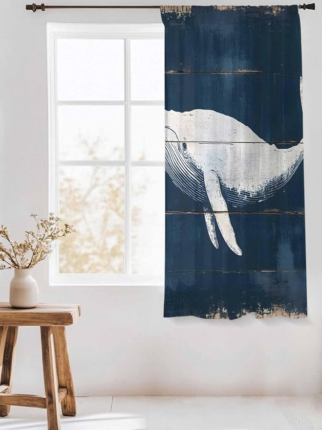 Sheer Curtains 63 Inch Length, Ocean Whale Blue Semi Sheer Curtains Light - Image 3